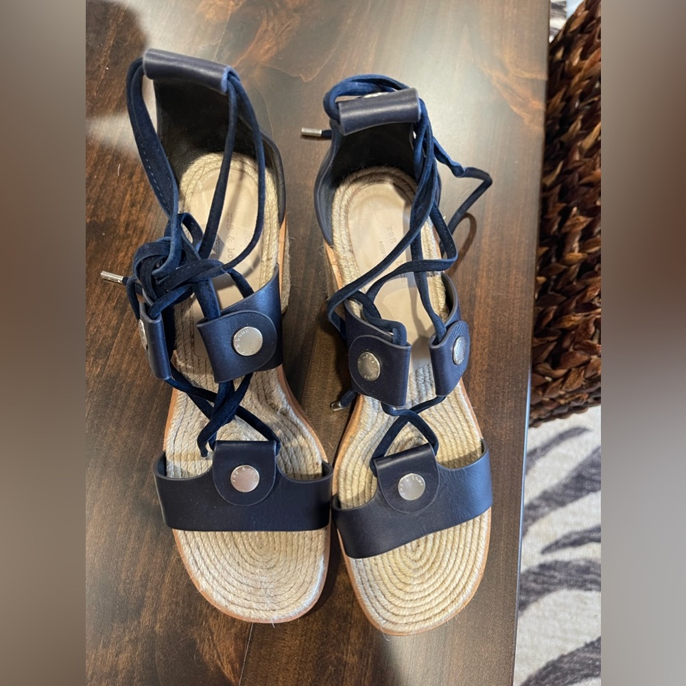 Rag & Bone espadrille heels in navy leather and suede laces size 10